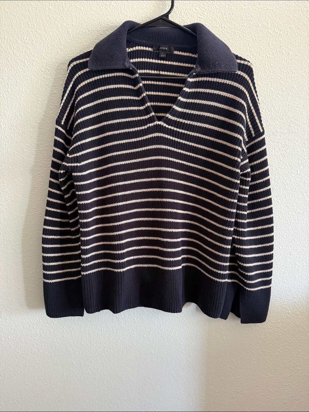 J Crew Navy & Ivory Striped Cotton Sweater Polo | Long Sleeve | Size L